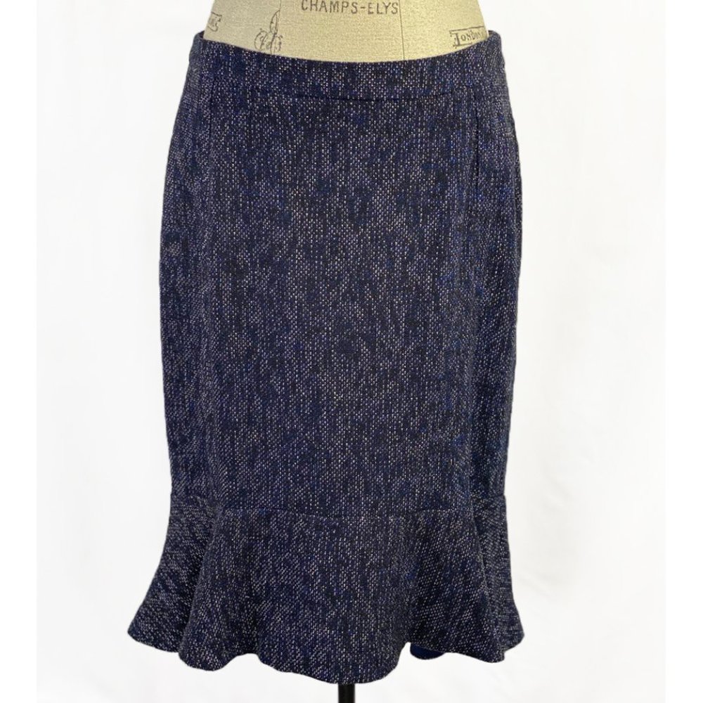 Anthropologie RO & DE NWT Blue Tweed Audrey Midi Trumpet Skirt High Low